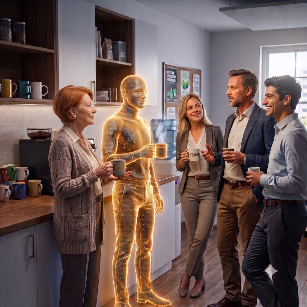 Ein Team steht mit Kaffeetassen in der Büroküche, der digitale Laboki-Kollege ist mittendrin